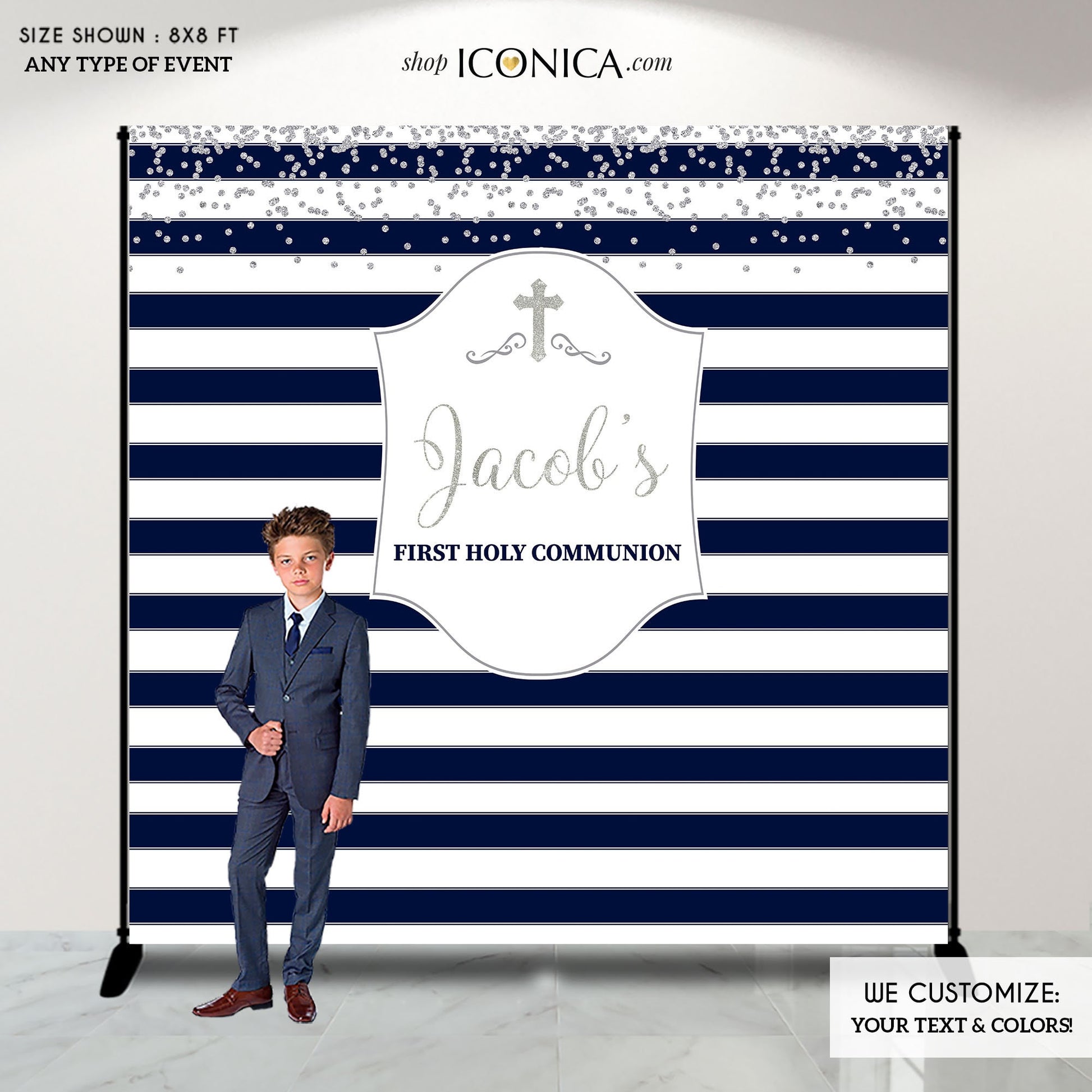 First Communion Photo Booth Backdrop, Blue Gold Stripes, Personalized (Printed or Printable File)