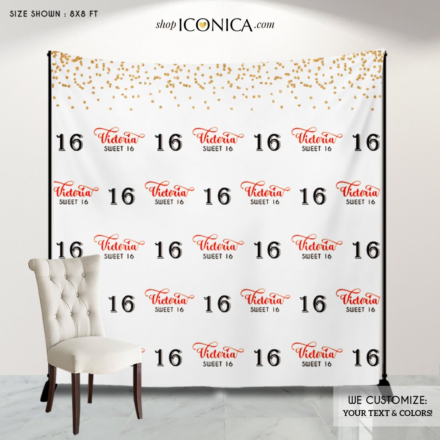 Personalized Sweet Sixteen Backdrop, Photo Booth, Custom Colors