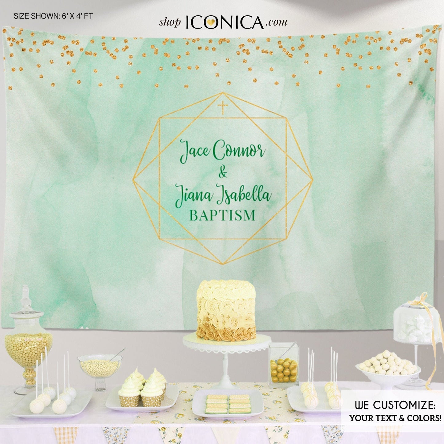 Personalized Baptism Backdrop, Geometric Watercolor, First Communion