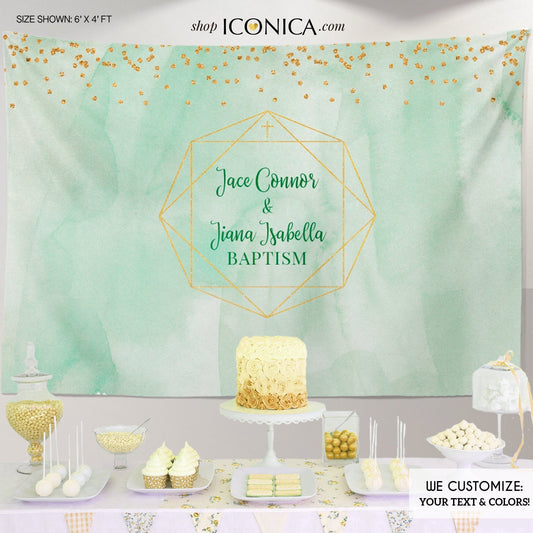 Personalized Baptism Backdrop, Geometric Watercolor, First Communion