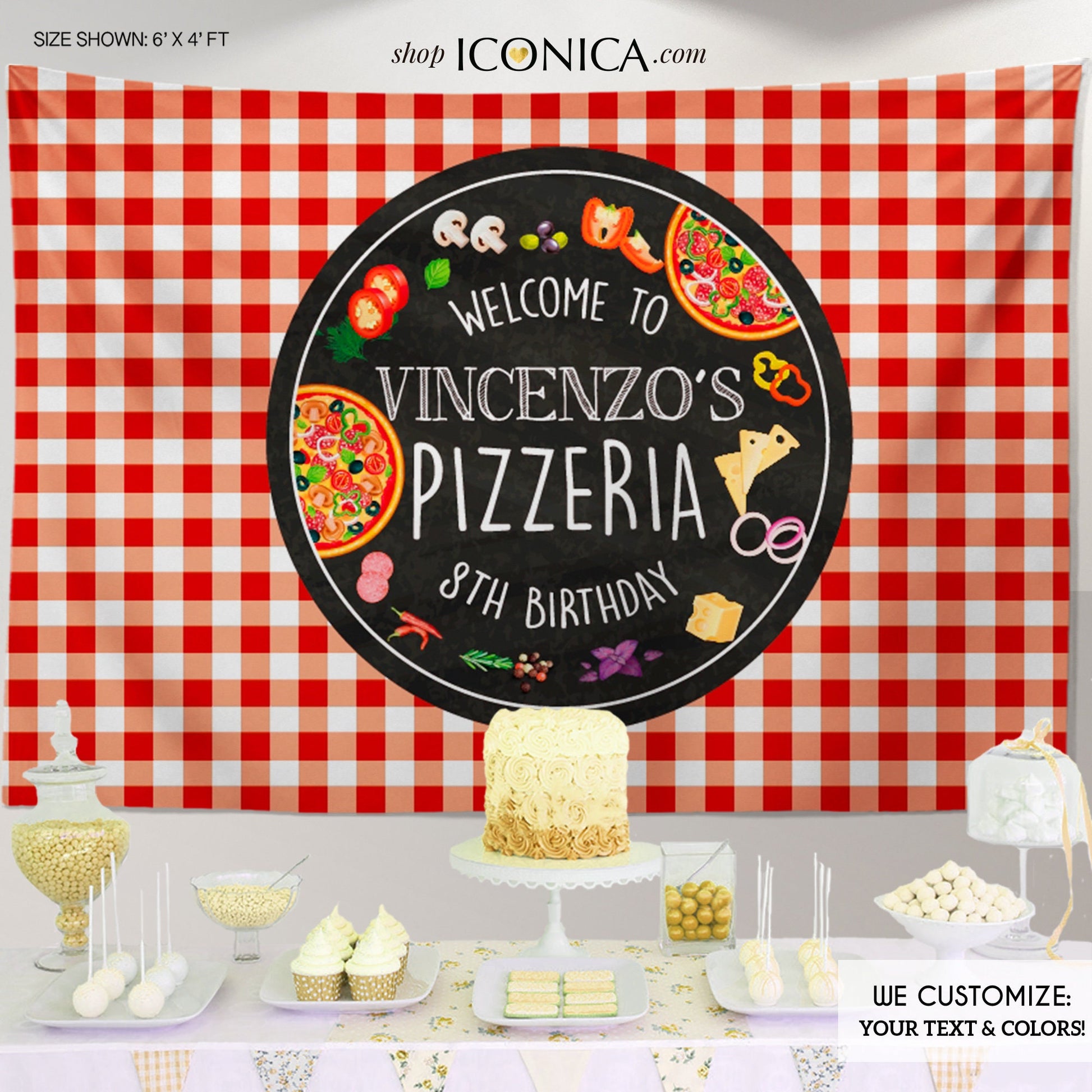 Pizza Party Backdrop, Pizzeria Birthday Banner, Custom Text