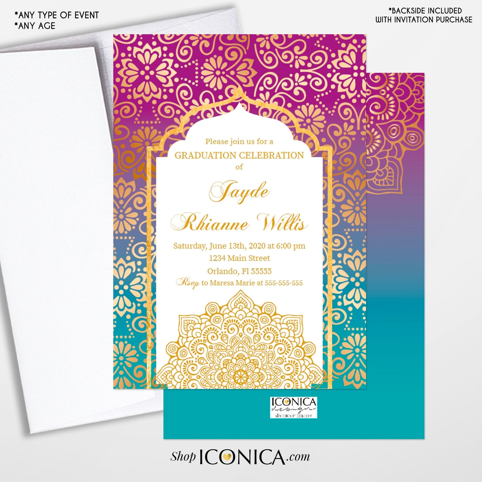 Moroccan Graduation Invitation, Arabian Nights Theme (Printed or Printable)