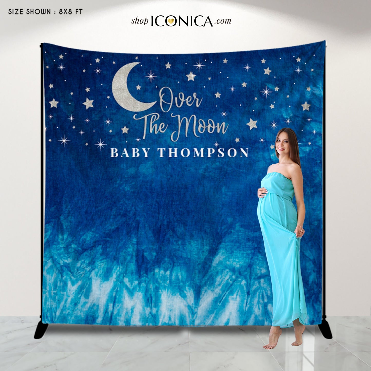 Blue Tie Dye Baby Shower Backdrop, Over the Moon Banner