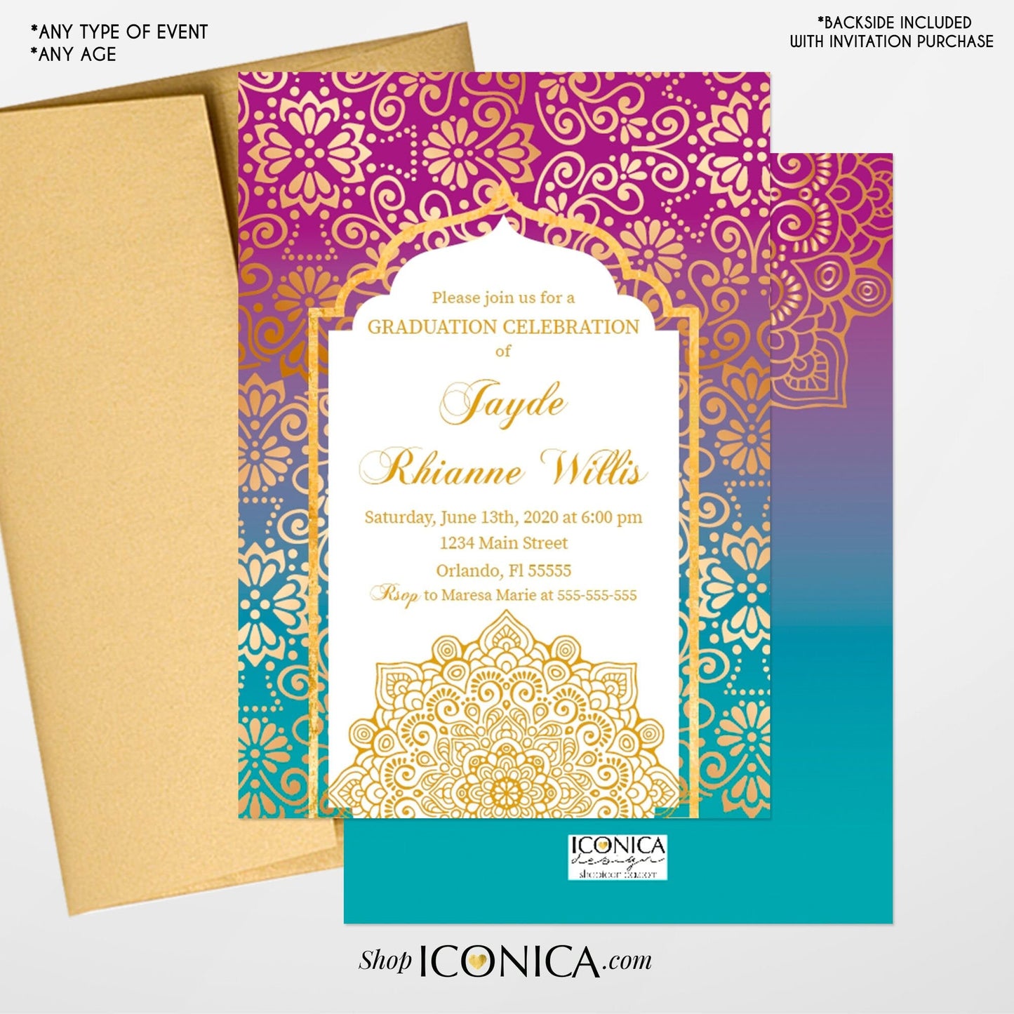 Moroccan Graduation Invitation, Arabian Nights Theme (Printed or Printable)