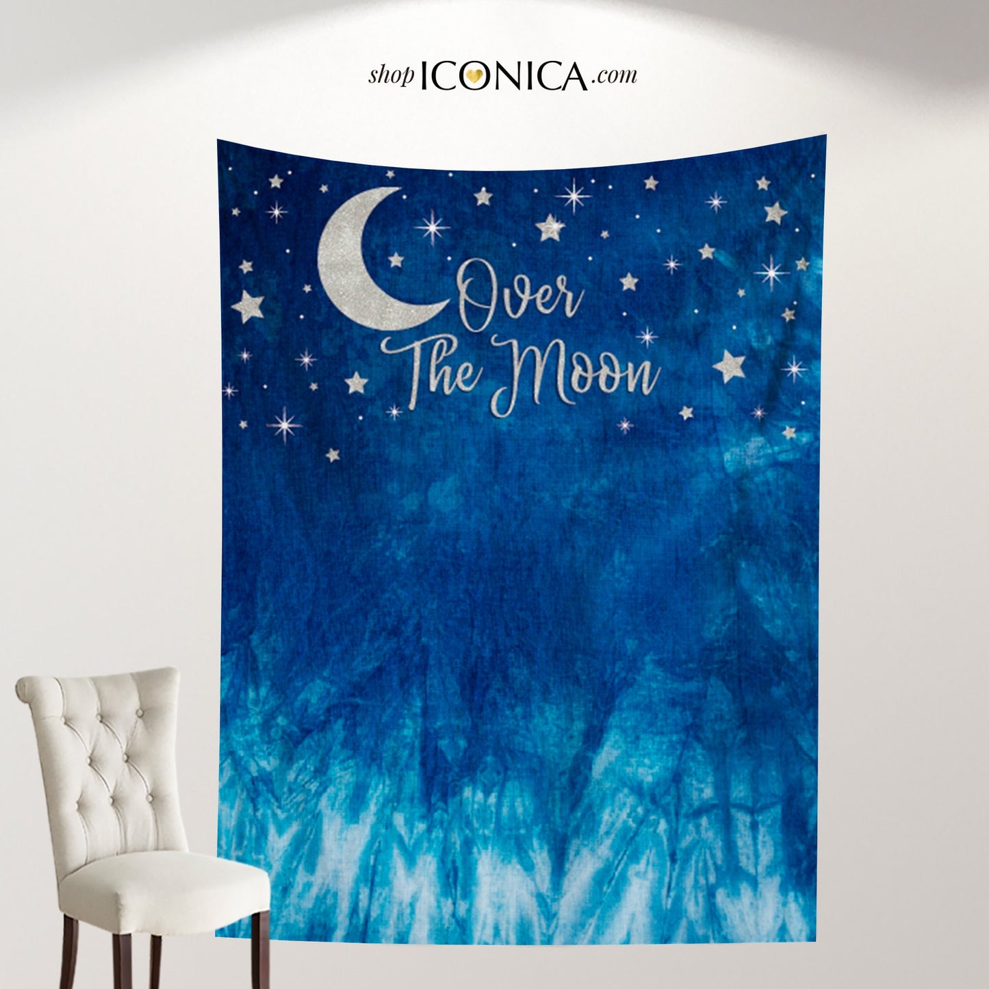 Blue Tie Dye Baby Shower Backdrop, Over the Moon Banner