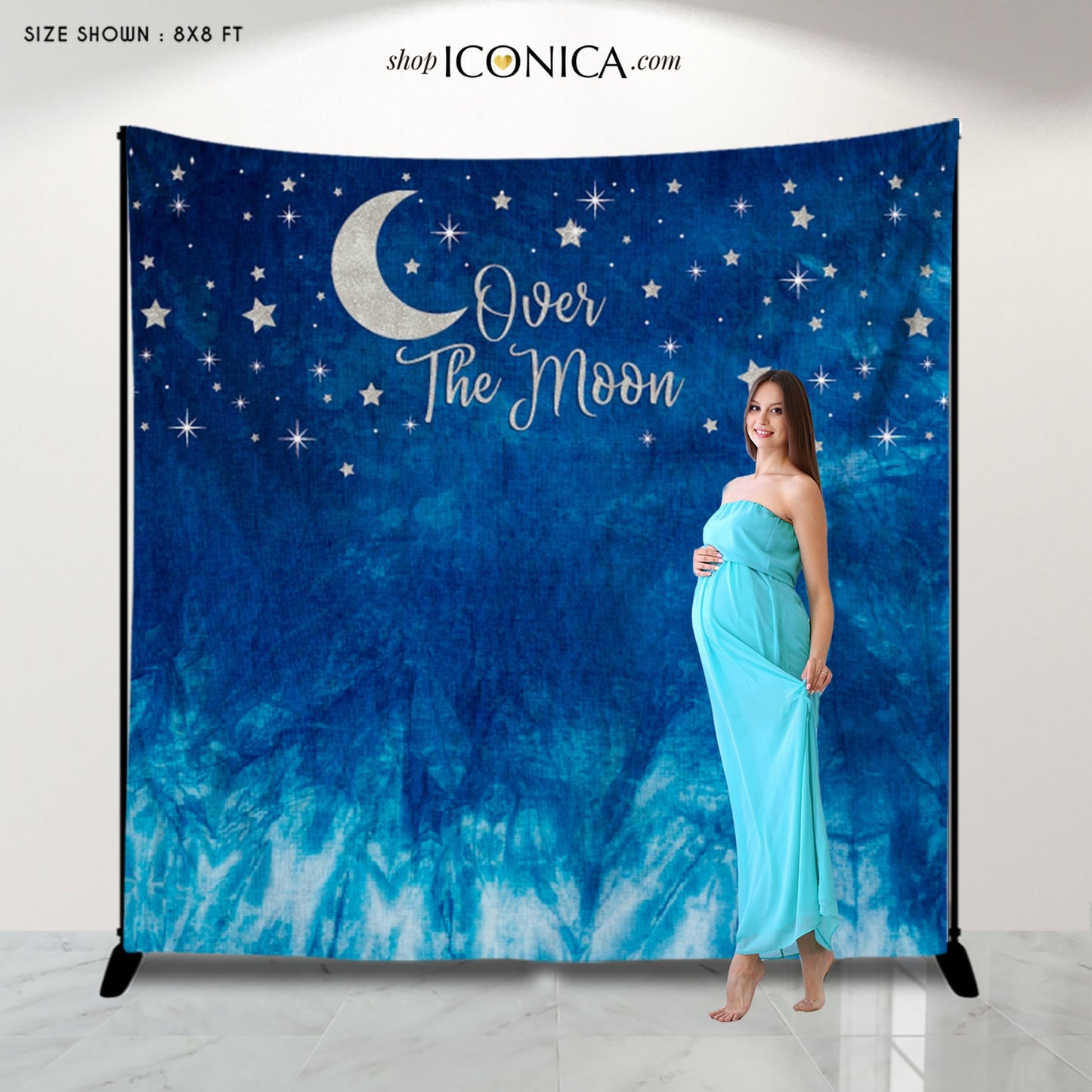 Blue Tie Dye Baby Shower Backdrop, Over the Moon Banner