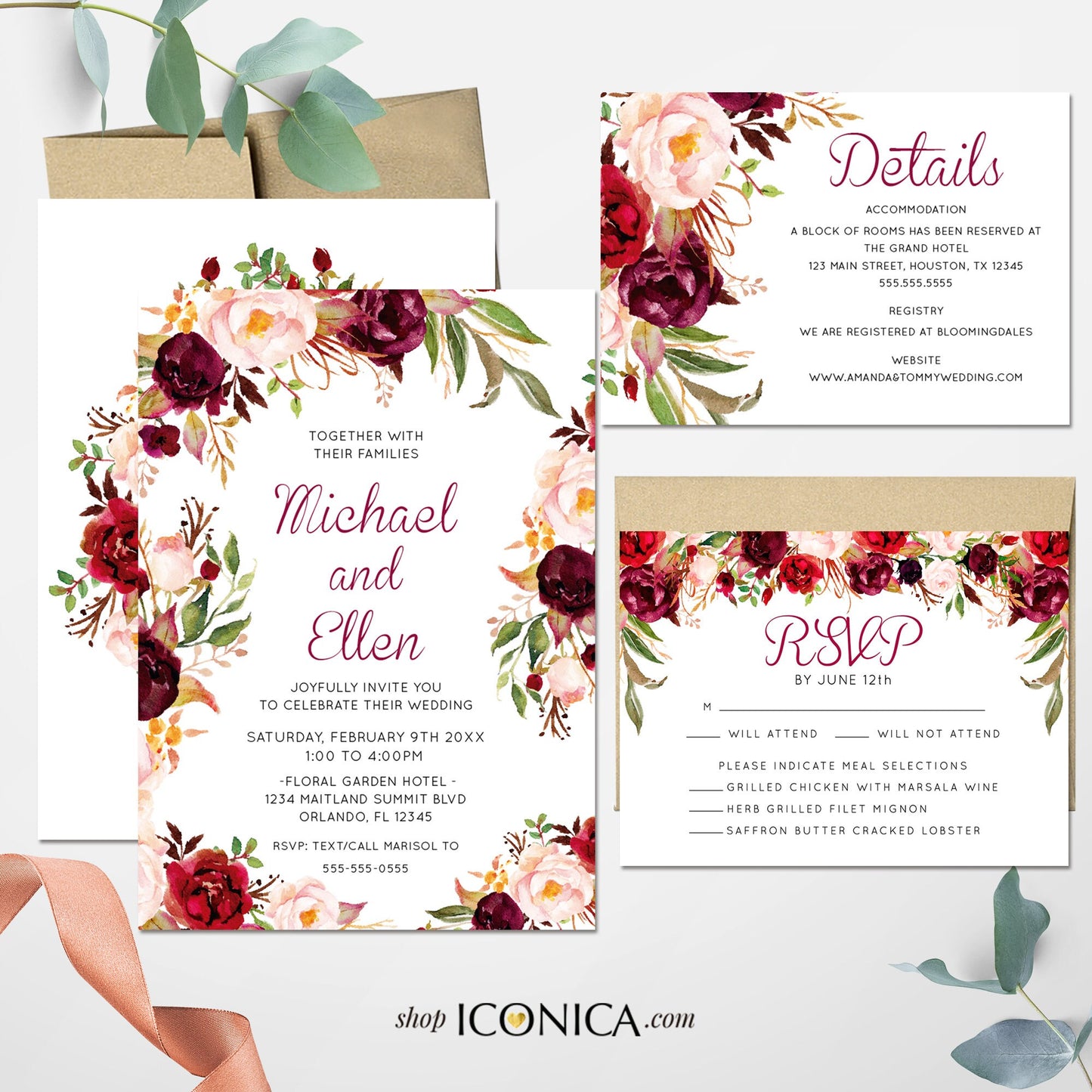 Burgundy Floral Wedding Invitation, Red and Pink Flower Suite