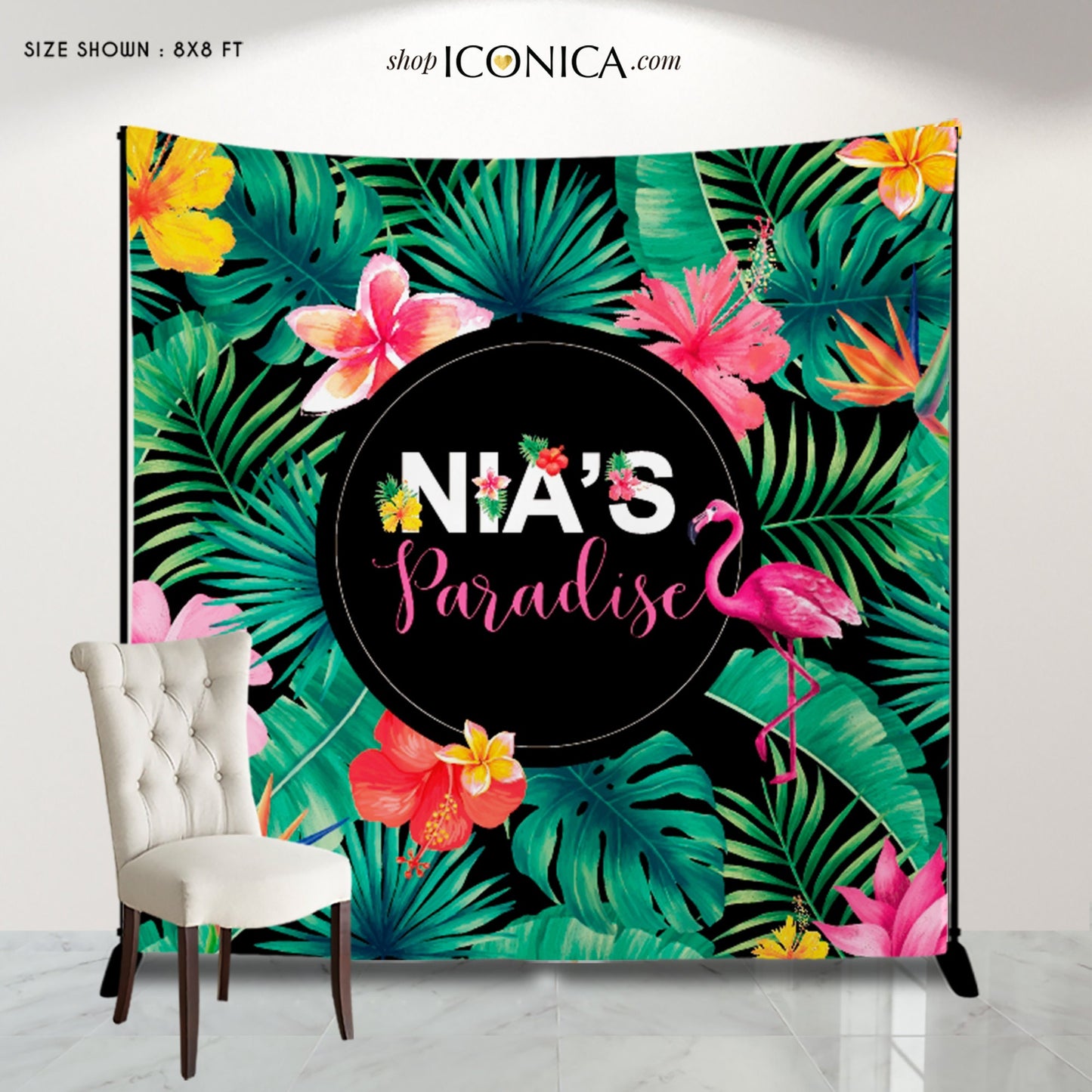Personalized Tropical Backdrop: Summer Birthday, Luau, Flamingo Banner