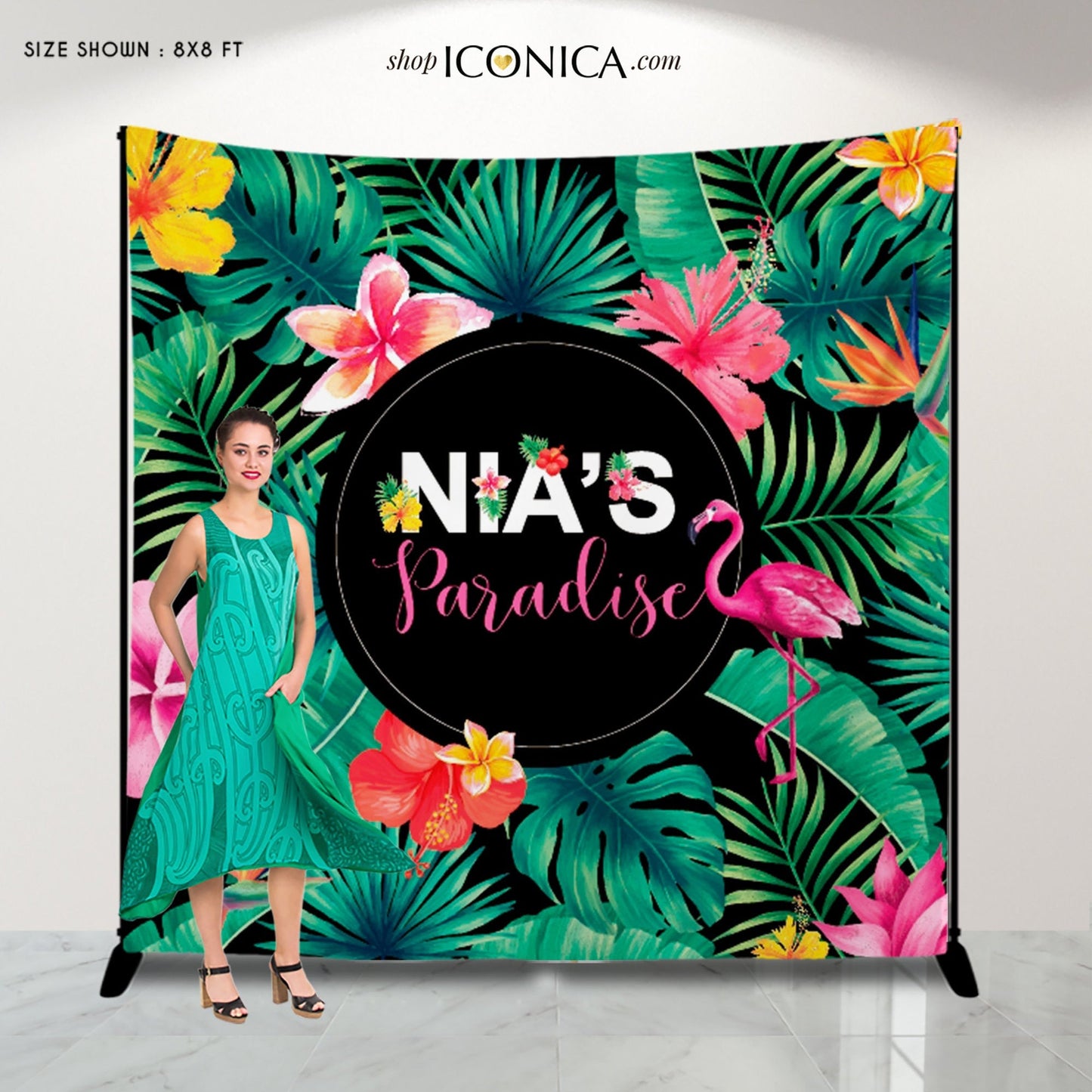 Personalized Tropical Backdrop: Summer Birthday, Luau, Flamingo Banner