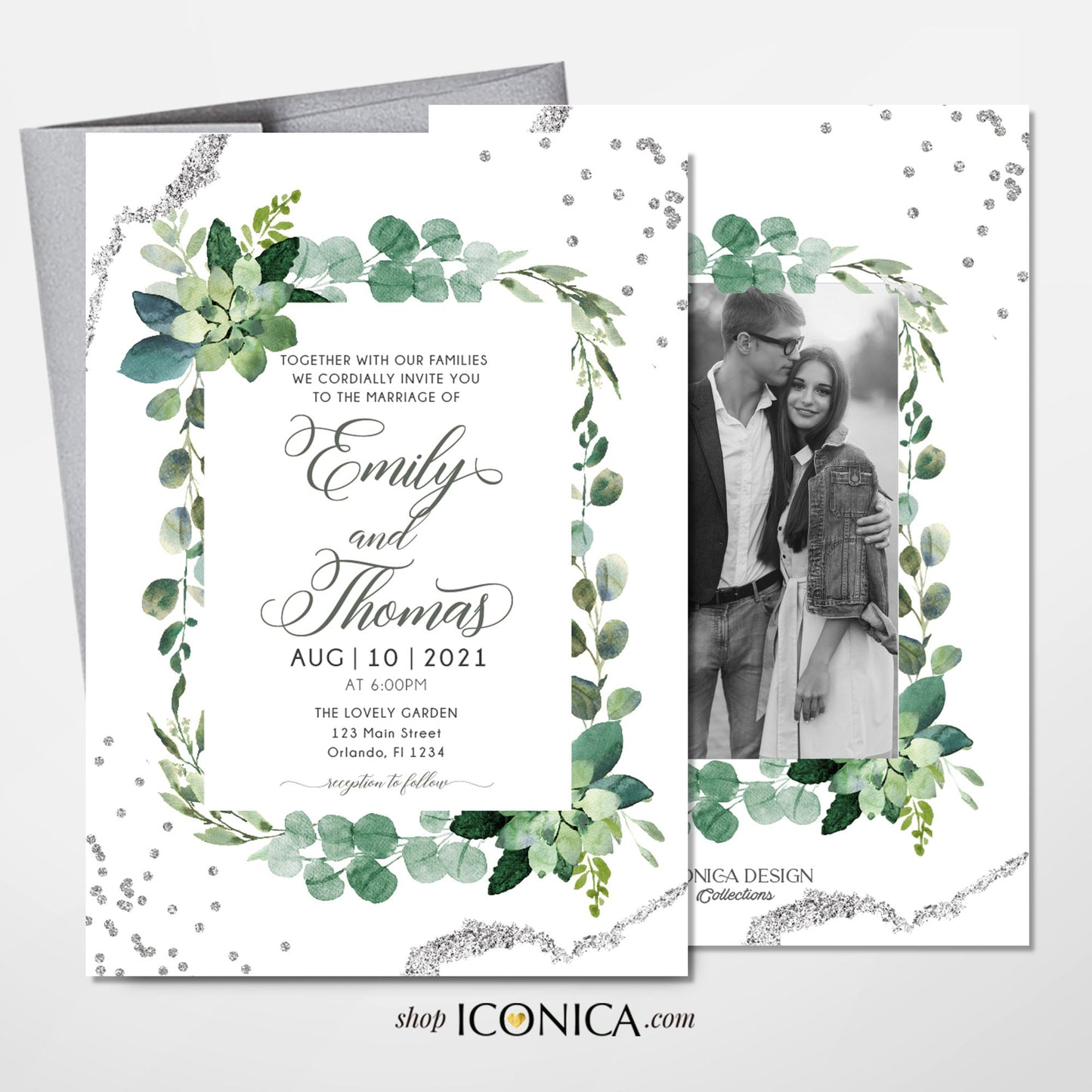 Greenery Wedding Invitation, Silver Watercolor, Elegant Printed Cards