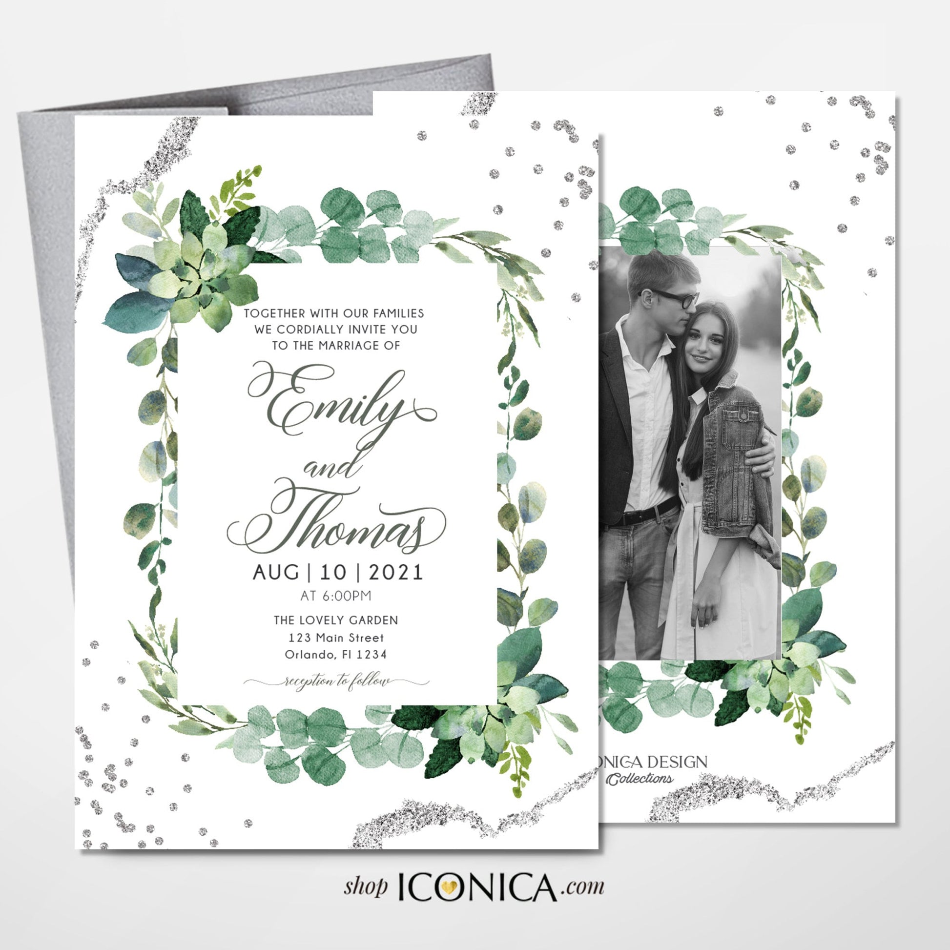 Greenery Wedding Invitation, Silver Watercolor, Elegant Printed Cards