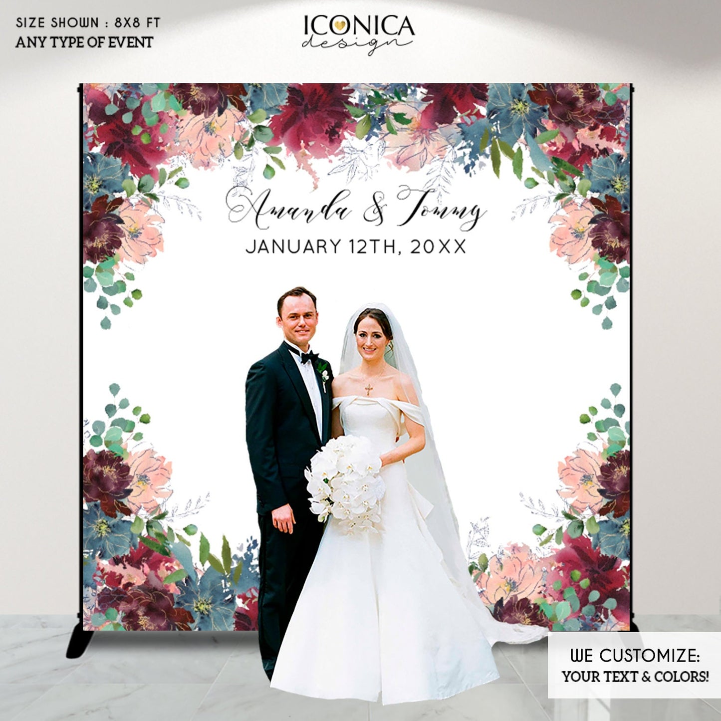 Blush Floral Wedding Invitation: Burgundy, Dusty Blue, Printed Cards