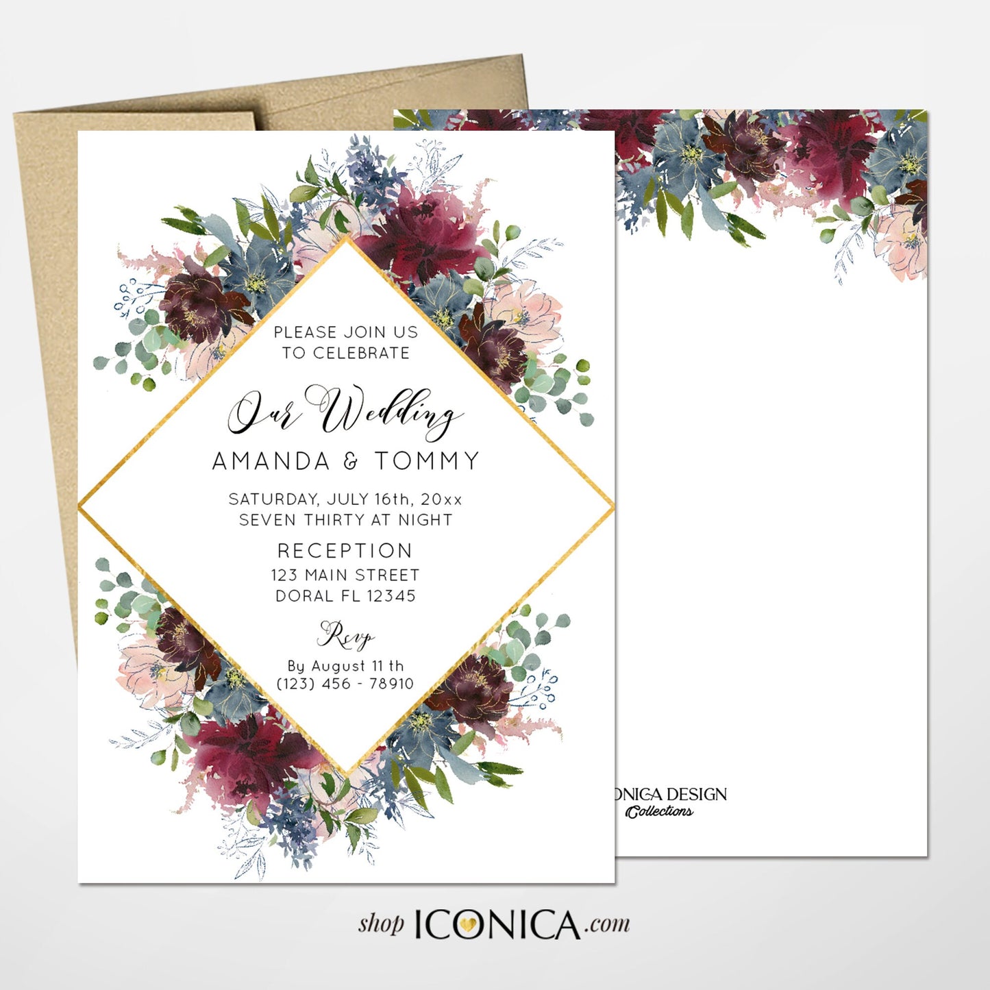 Blush Floral Wedding Invitation: Burgundy, Dusty Blue, Printed Cards