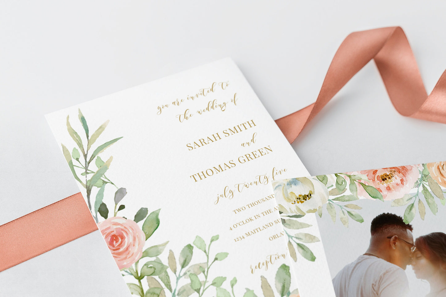 Floral Wedding Invitation: Pink Peach Watercolor Design