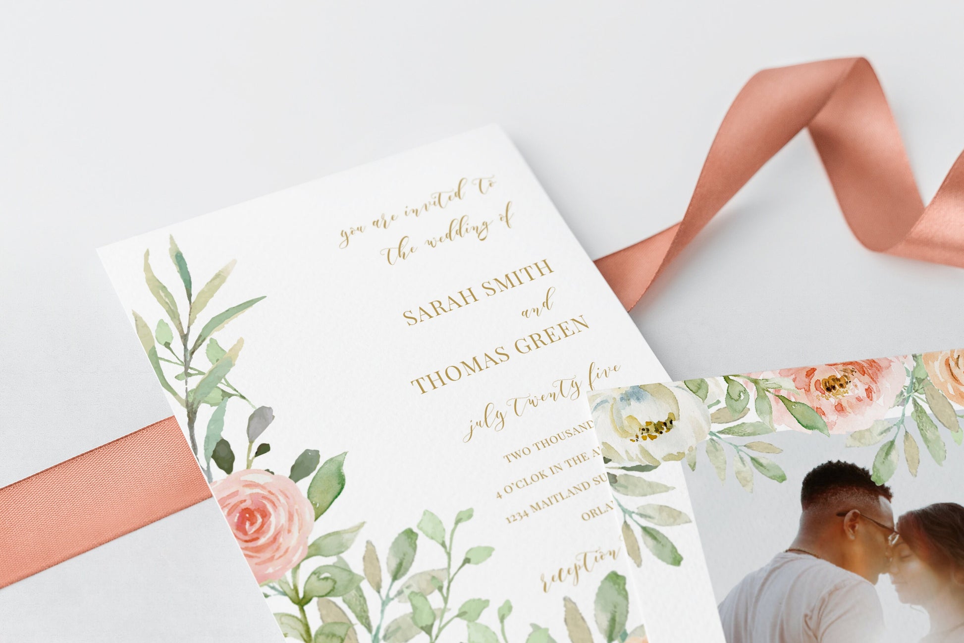 Floral Wedding Invitation: Pink Peach Watercolor Design