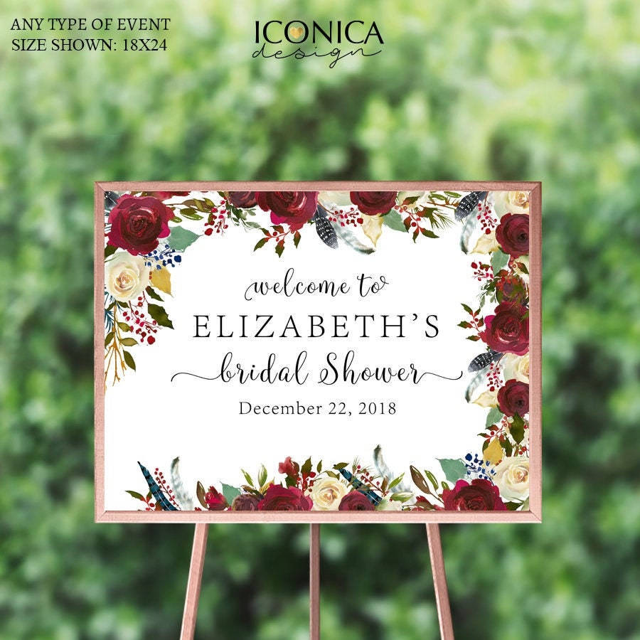 Burgundy Floral Bridal Shower Welcome Sign, Boho Chic Printed Sign