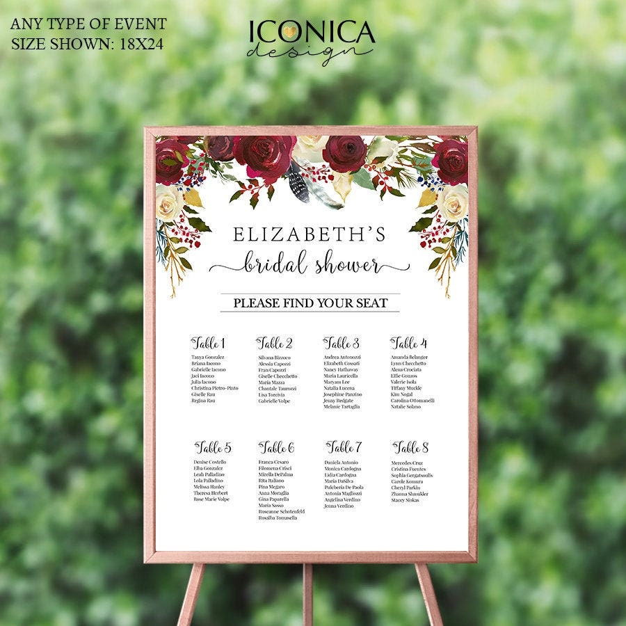 Burgundy Floral Wedding Seating Chart, Boho Chic (Printed or PDF)