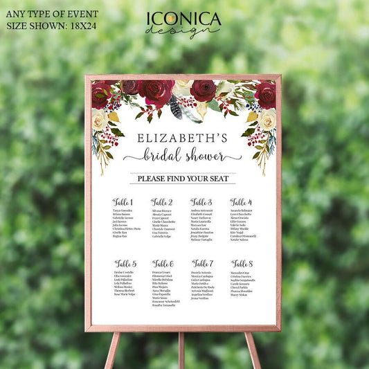Burgundy Floral Bridal Shower Seating Chart (Printed or PDF)