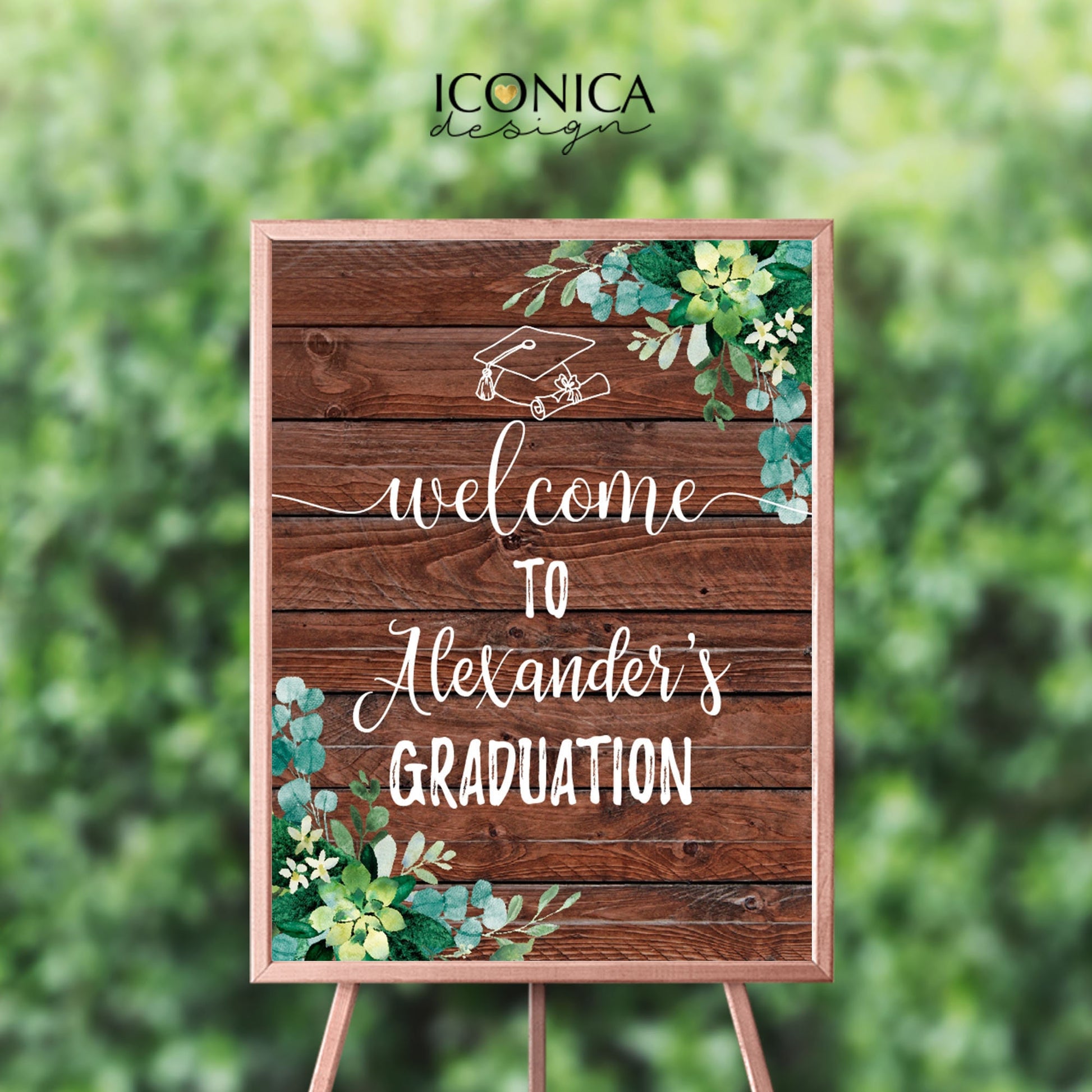 Rustic Graduation Welcome Sign, Personalized Greenery Wood Print