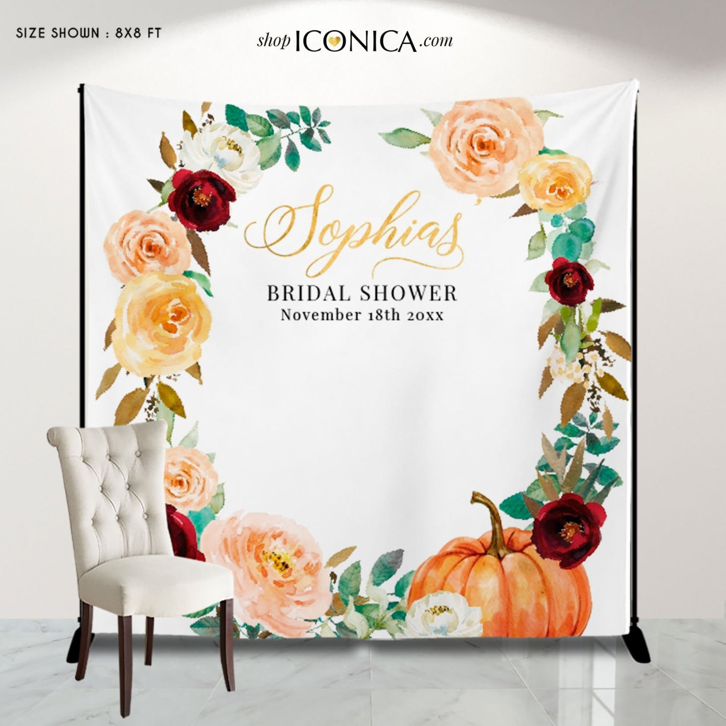 Fall Bridal Shower Backdrop, Floral Pumpkin Decor, Personalized Photo Booth