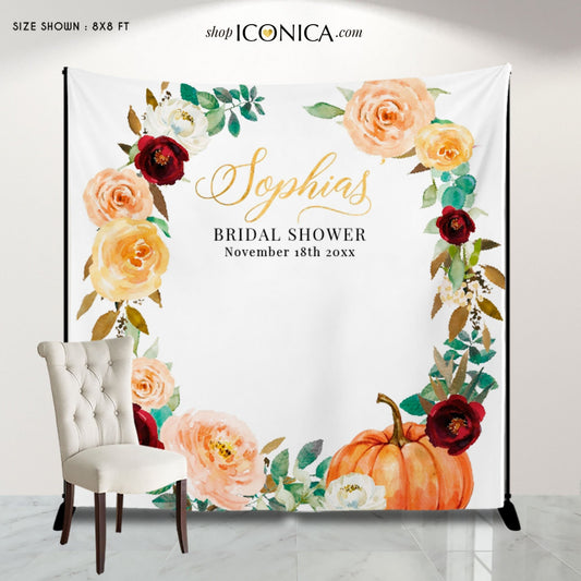 Fall Bridal Shower Backdrop, Floral Pumpkin Decor, Personalized Photo Booth