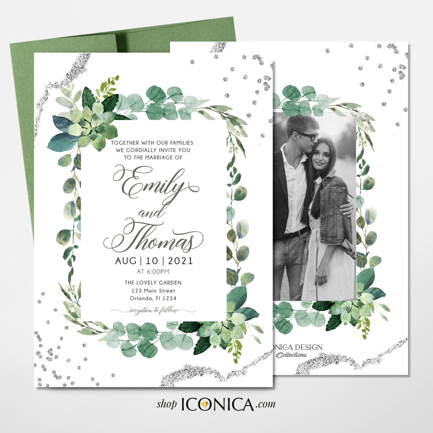 Greenery Wedding Invitation, Silver Watercolor, Elegant Printed Cards