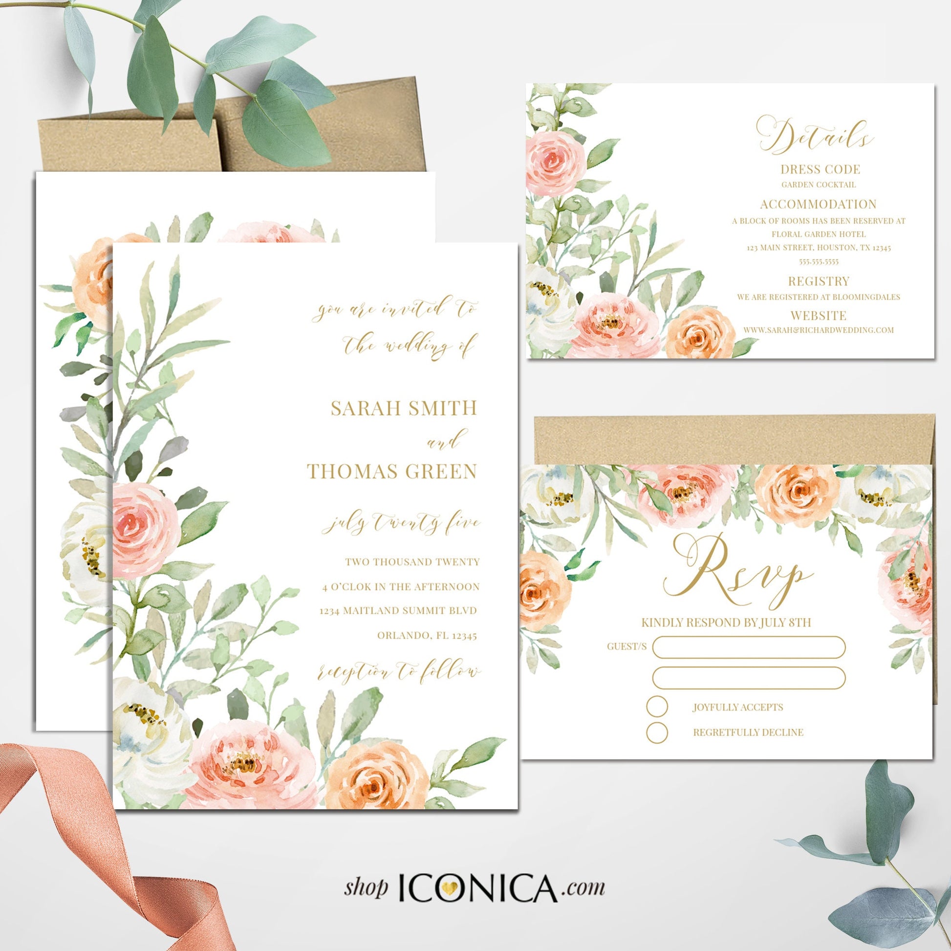 Floral Wedding Invitation: Pink Peach Watercolor Design