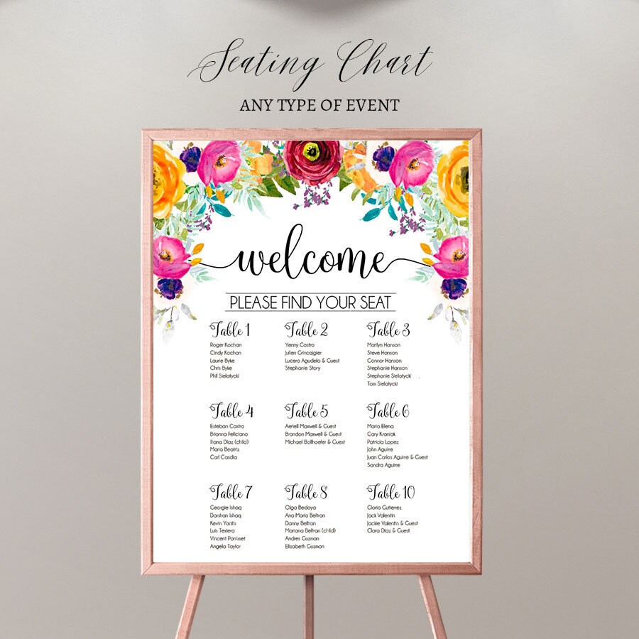 Floral Wedding Seating Chart Board, Custom Colors (Printed or PDF)