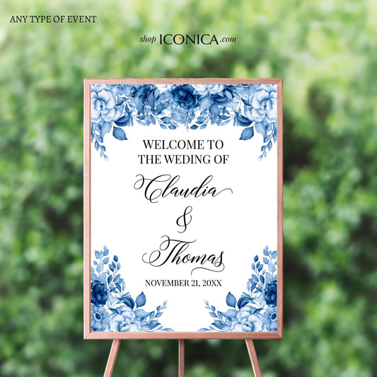 Personalized Blue Floral Wedding Welcome Sign: Celestia Collection