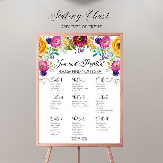 Floral Wedding Seating Chart Board, Custom Colors (Printed or PDF)