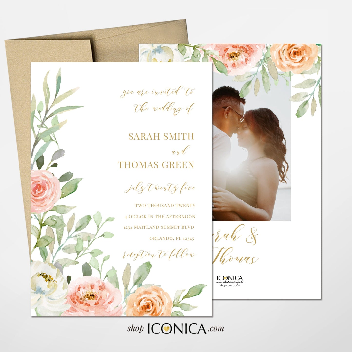 Floral Wedding Invitation: Pink Peach Watercolor Design