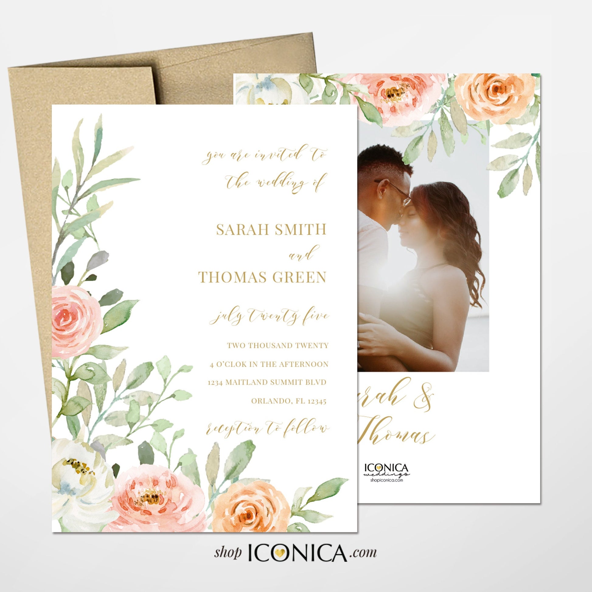 Floral Wedding Invitation: Pink Peach Watercolor Design