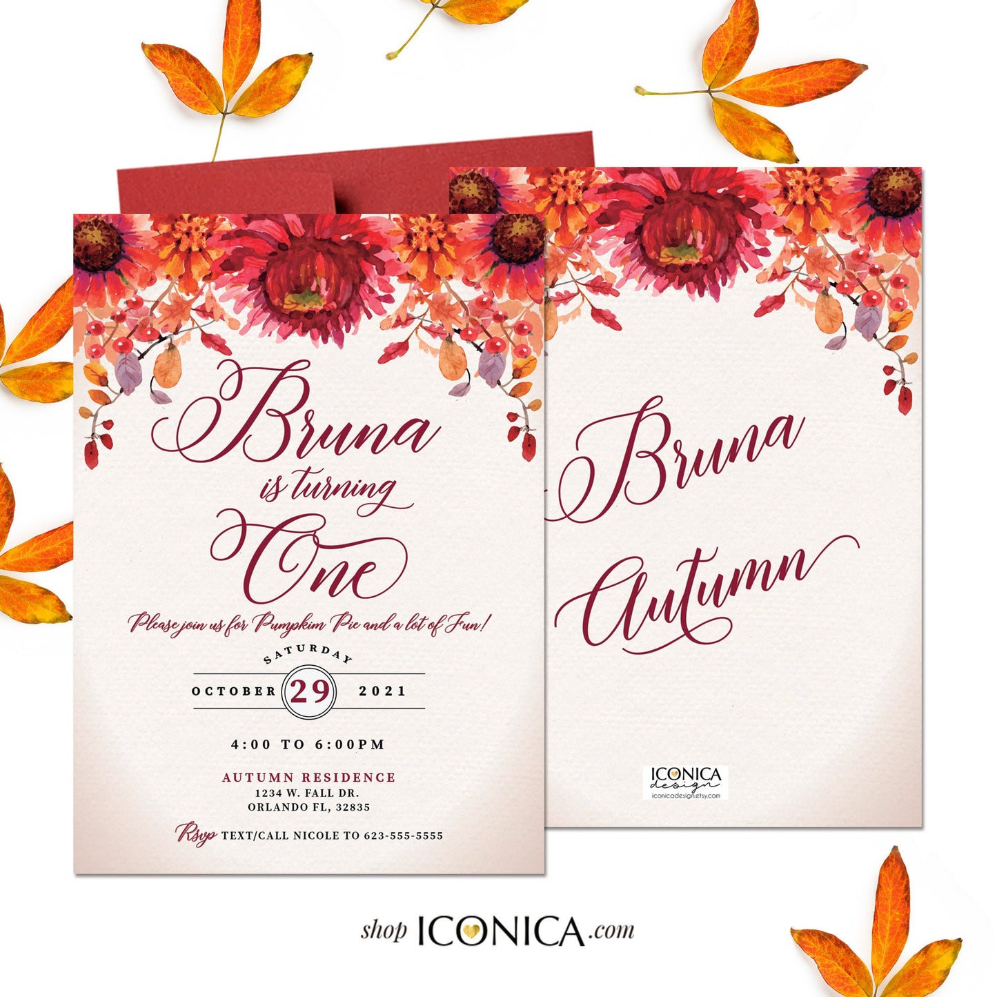 Fall Leaves Birthday Invitation, Autumn Party Invite