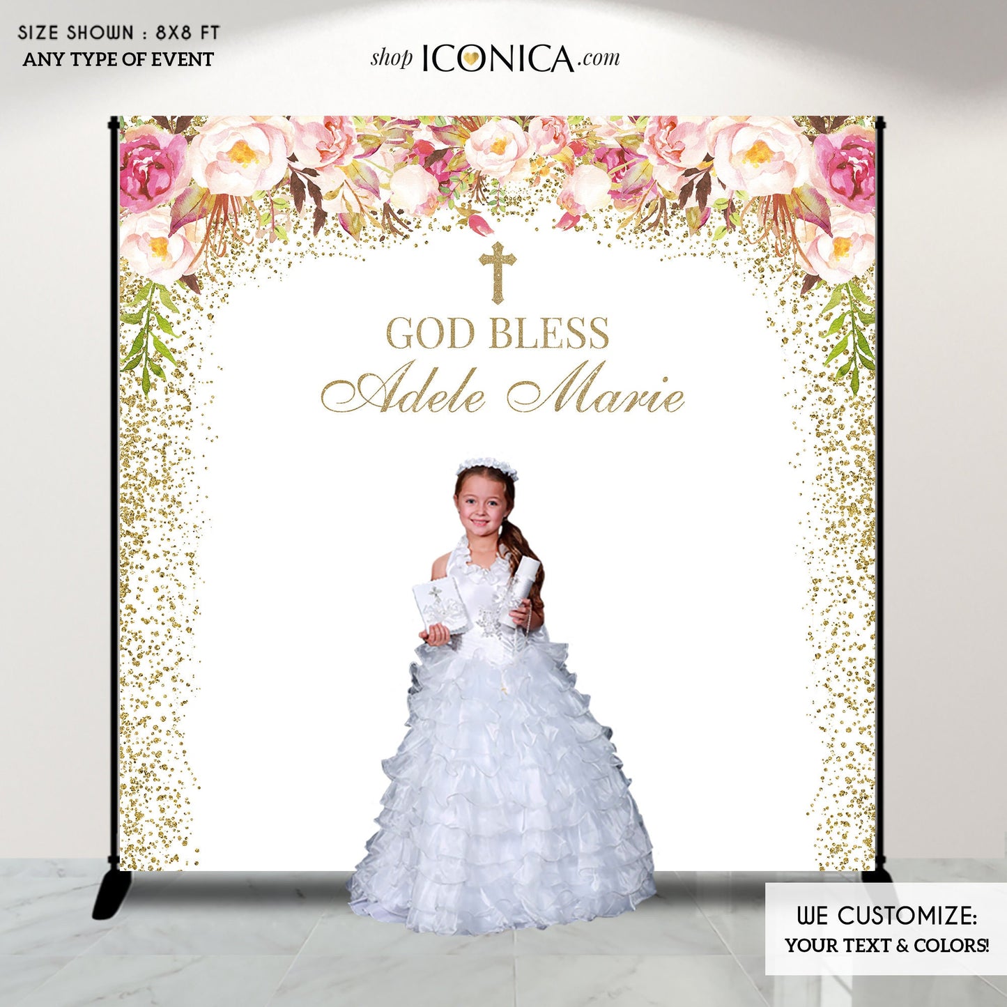 Floral First Communion Backdrop, Personalized Christening Photo Booth