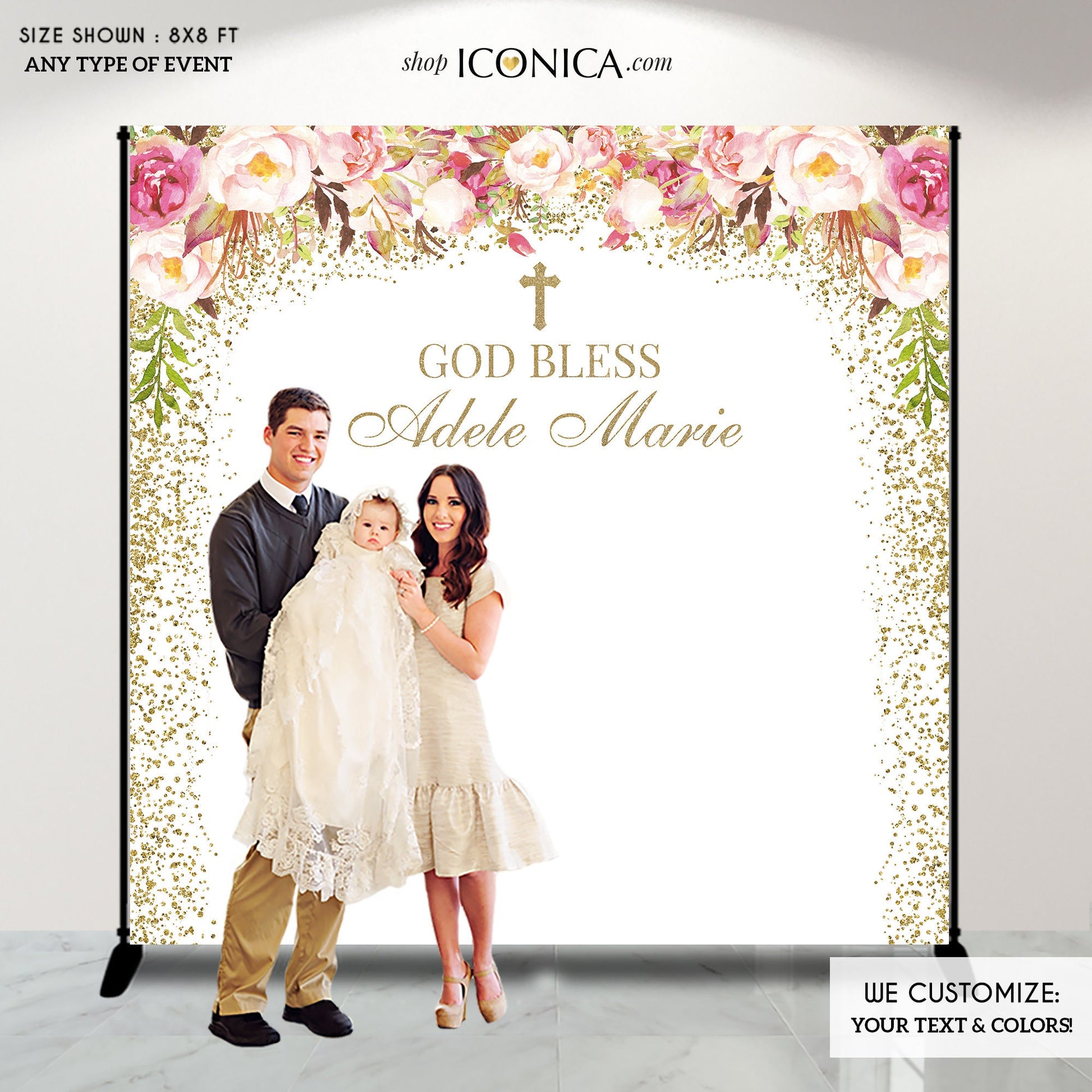 Personalized Floral Baptism Backdrop, Christening, First Communion