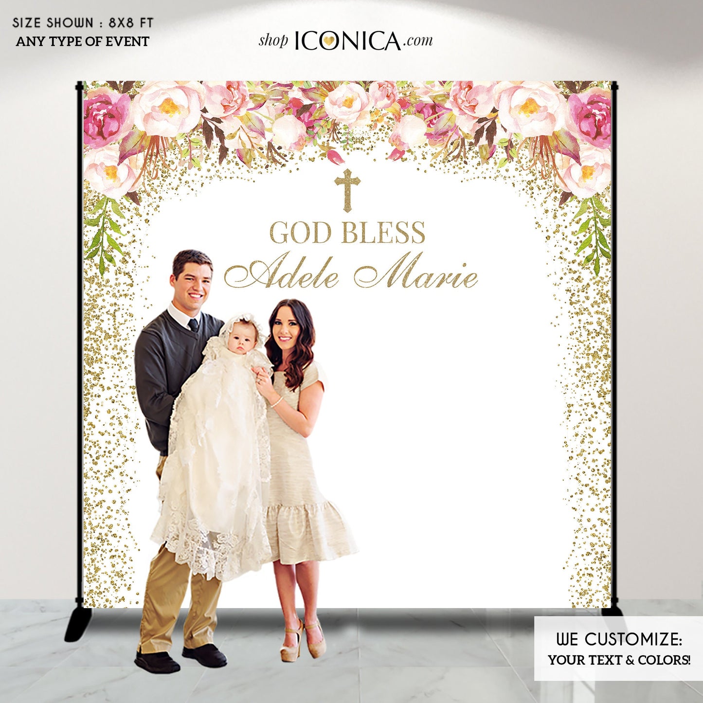 Floral First Communion Backdrop, Personalized Christening Photo Booth