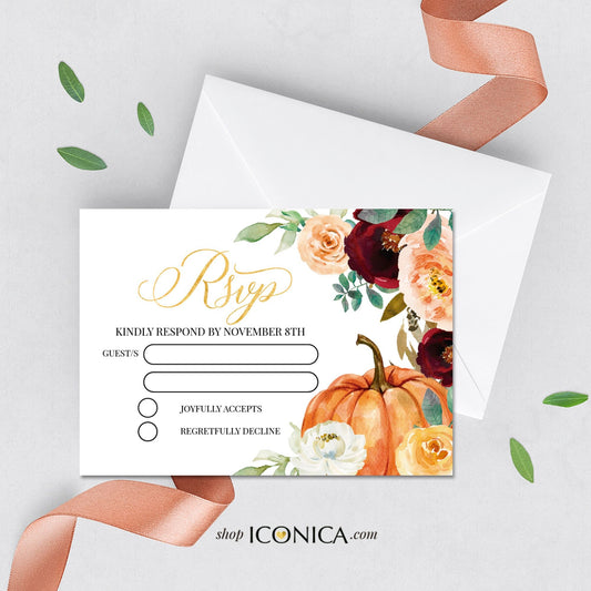 Fall Bridal Shower RSVP Card, Pumpkin Floral Theme