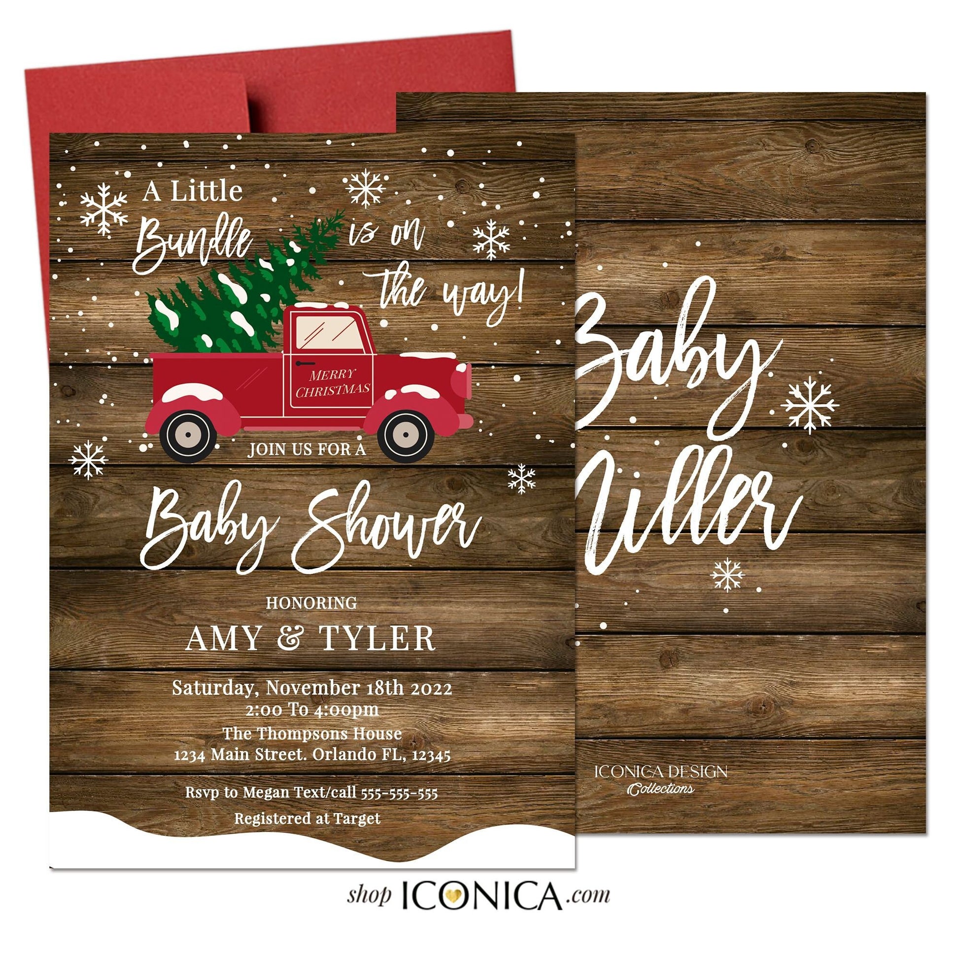 Christmas Baby Shower Invitation, Rustic Truck, Winter Bundle