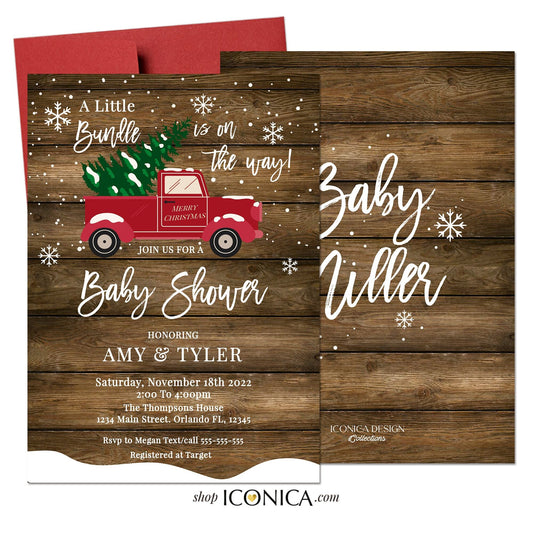 Christmas Baby Shower Invitation, Rustic Truck, Winter Bundle