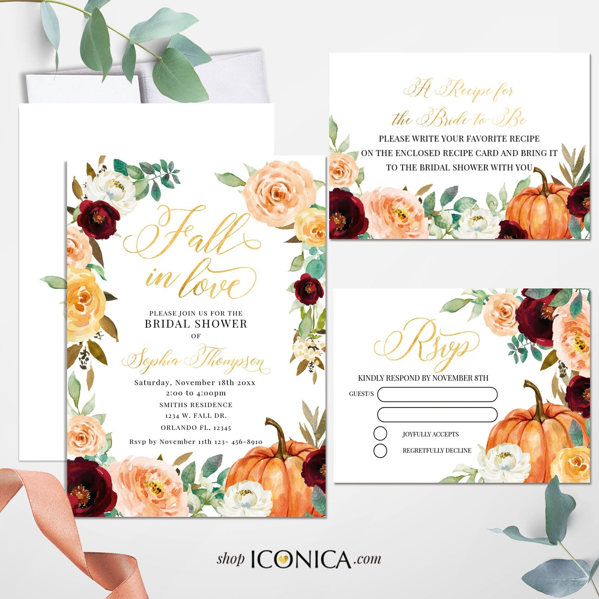 Fall Bridal Shower RSVP Card, Pumpkin Floral Theme