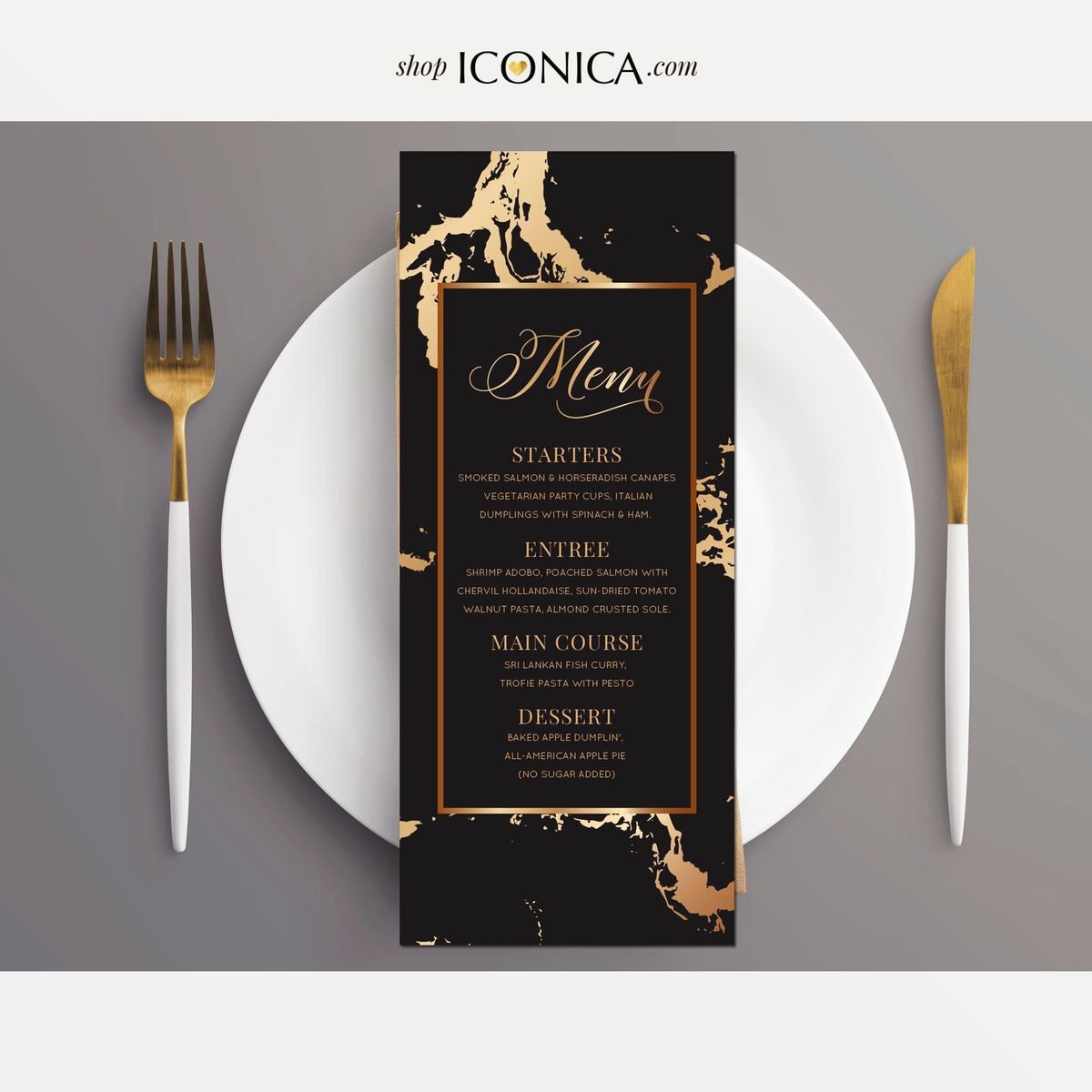 Black and Gold Marbled Menu Card, Printed Stationery (9.25 x 4)