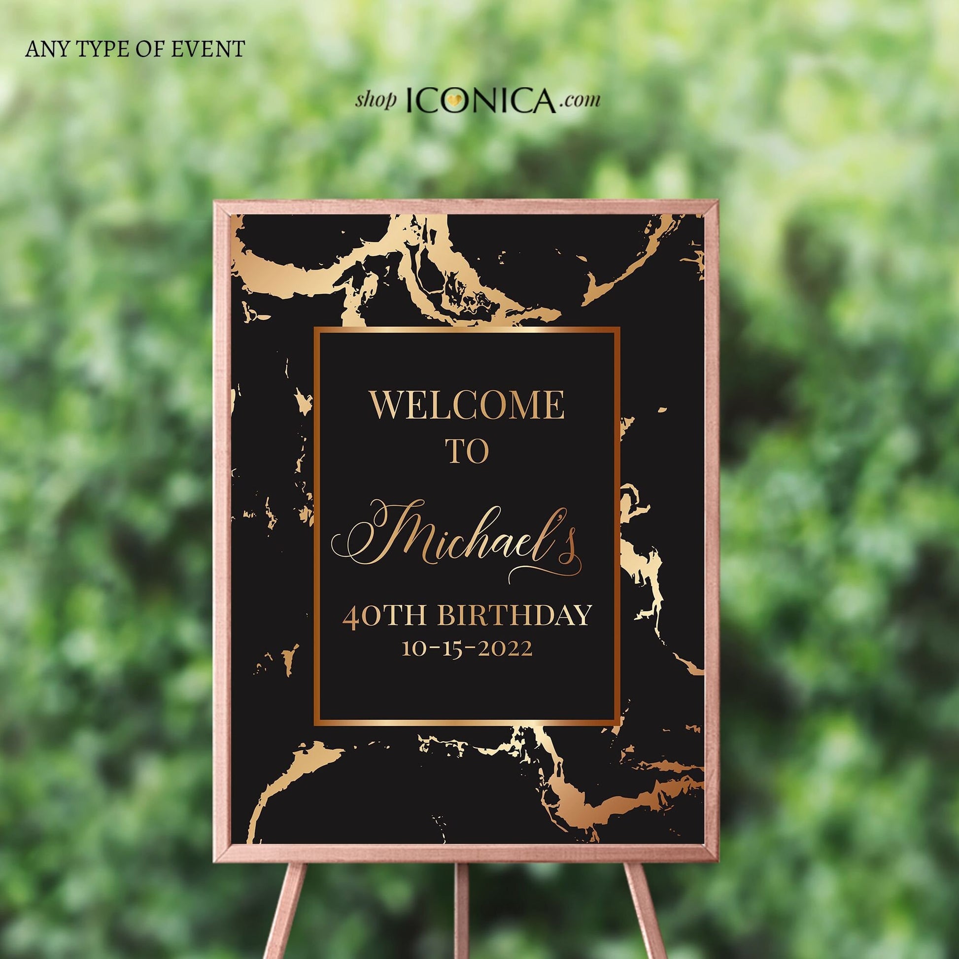 Personalized Black and Gold Marbled Birthday Welcome Sign