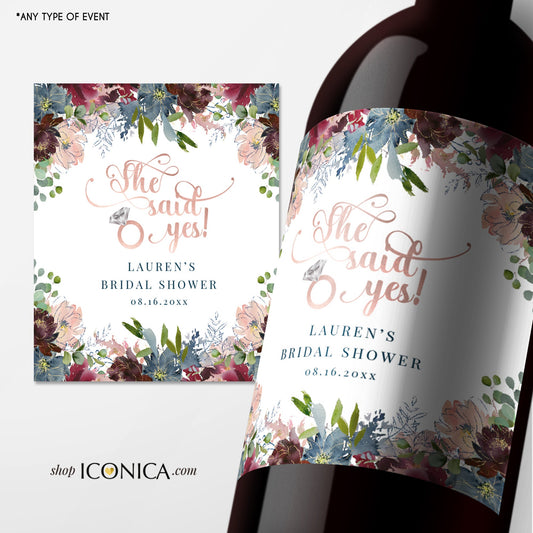 Personalized Engagement Champagne Label | Floral Wine Bottle Label