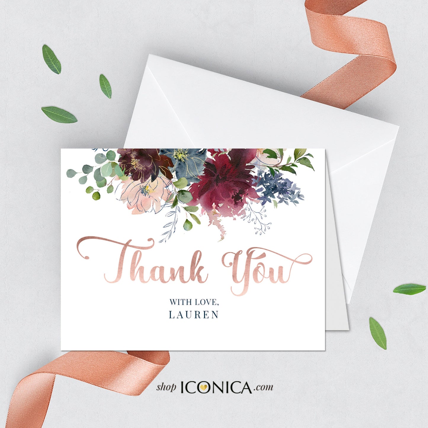 Floral Thank You Cards, Pink Burgundy Blue, with Envelopes