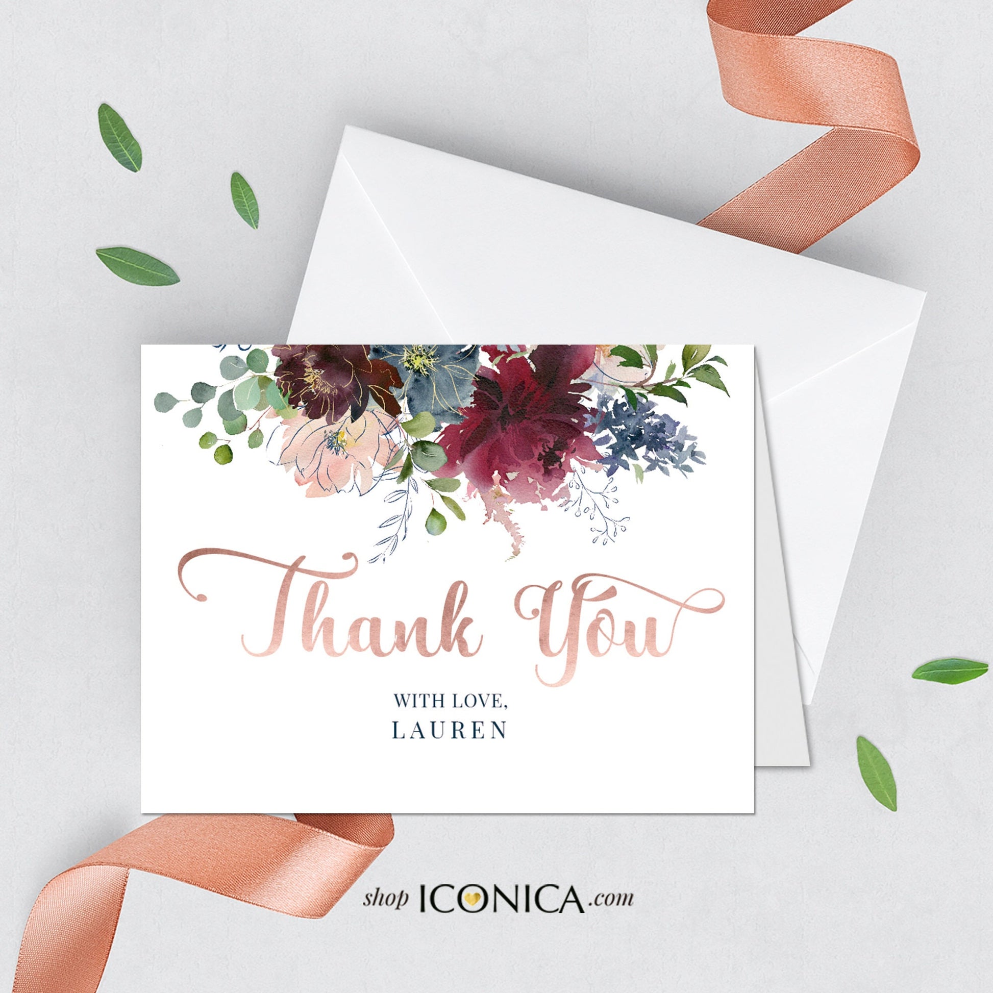Floral Thank You Cards, Pink Burgundy Blue, with Envelopes