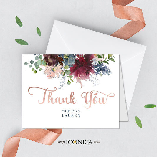 Floral Thank You Cards, Pink Burgundy Blue, with Envelopes