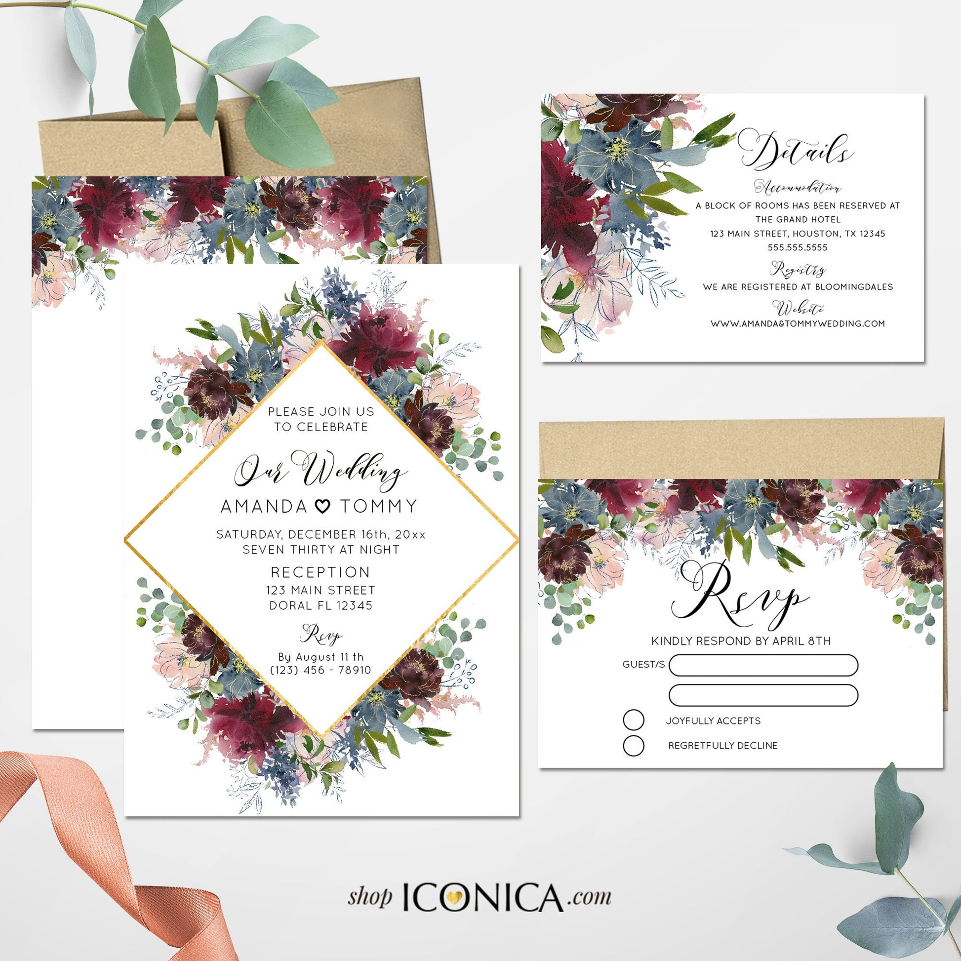 Floral Thank You Cards, Pink Burgundy Blue, with Envelopes