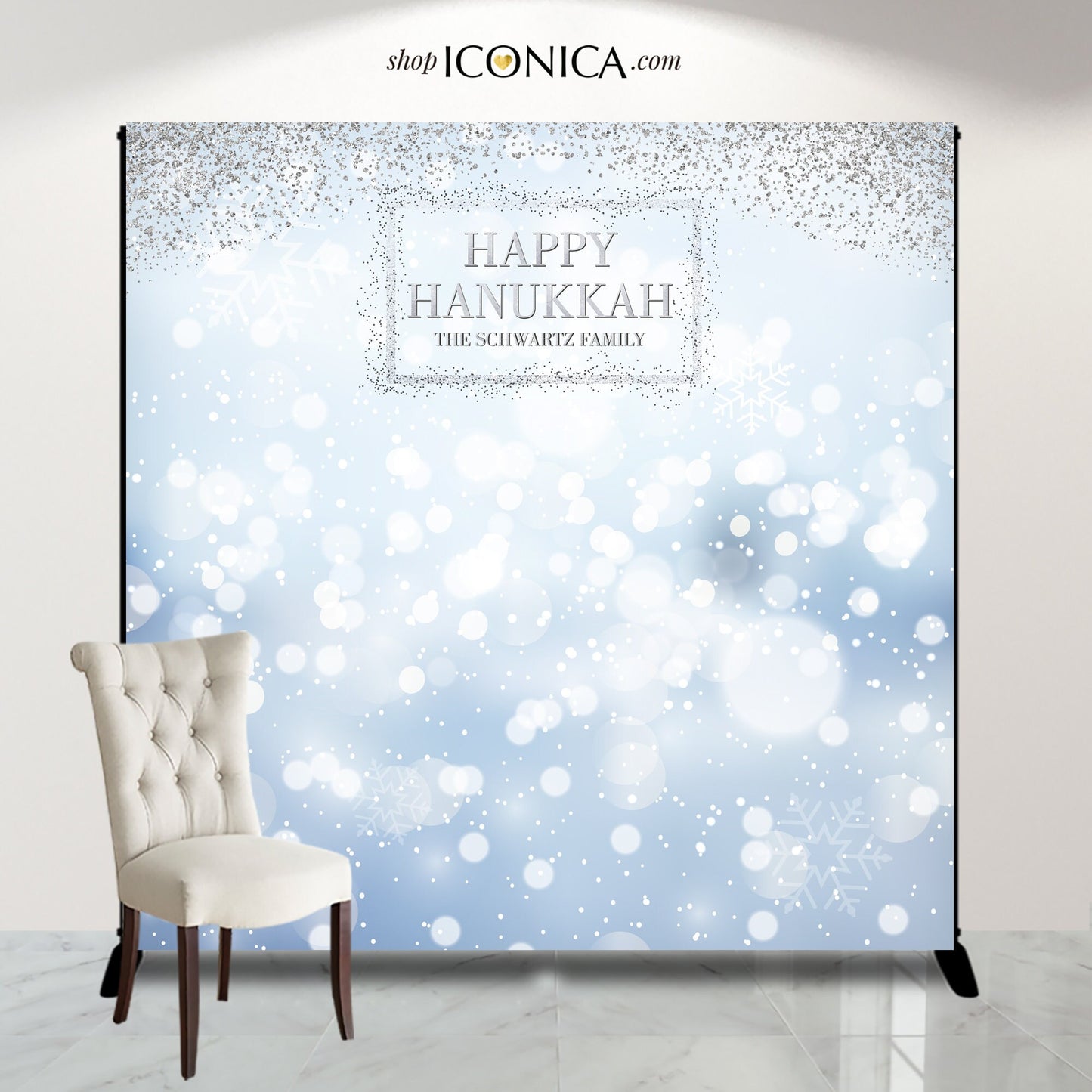 Hanukkah Photo Booth Backdrop, Blue Bokeh Design