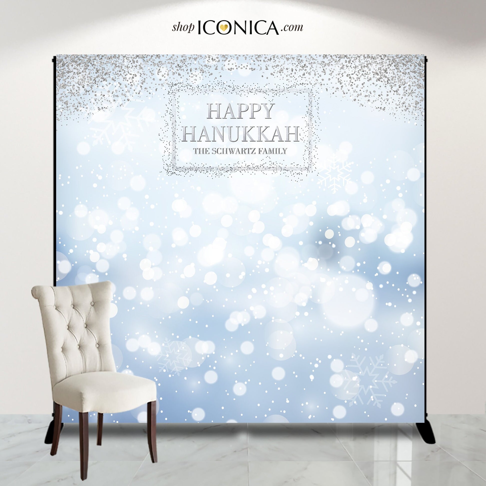 Hanukkah Photo Booth Backdrop, Blue Bokeh Design