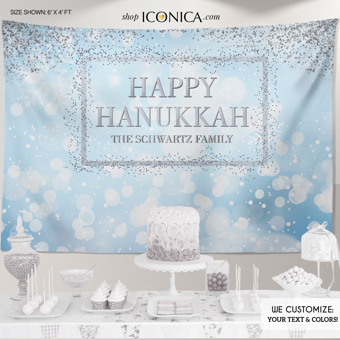 Hanukkah Photo Booth Backdrop, Blue Bokeh Design